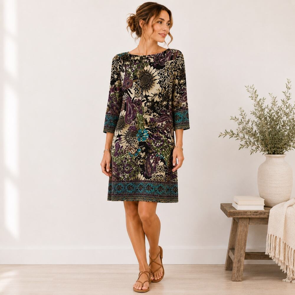 Beige by eci Dress Women's Size 4 Multicolor Paisley Slinky Stretch Boho Office